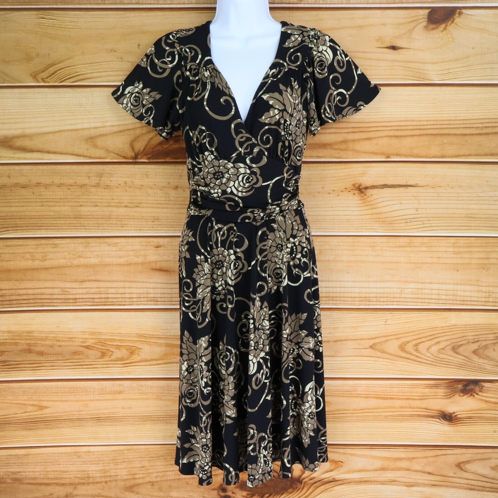 Van Heusen Midi Dress Womens Size 2 Brown Floral Polyester Blend Scoop Neck